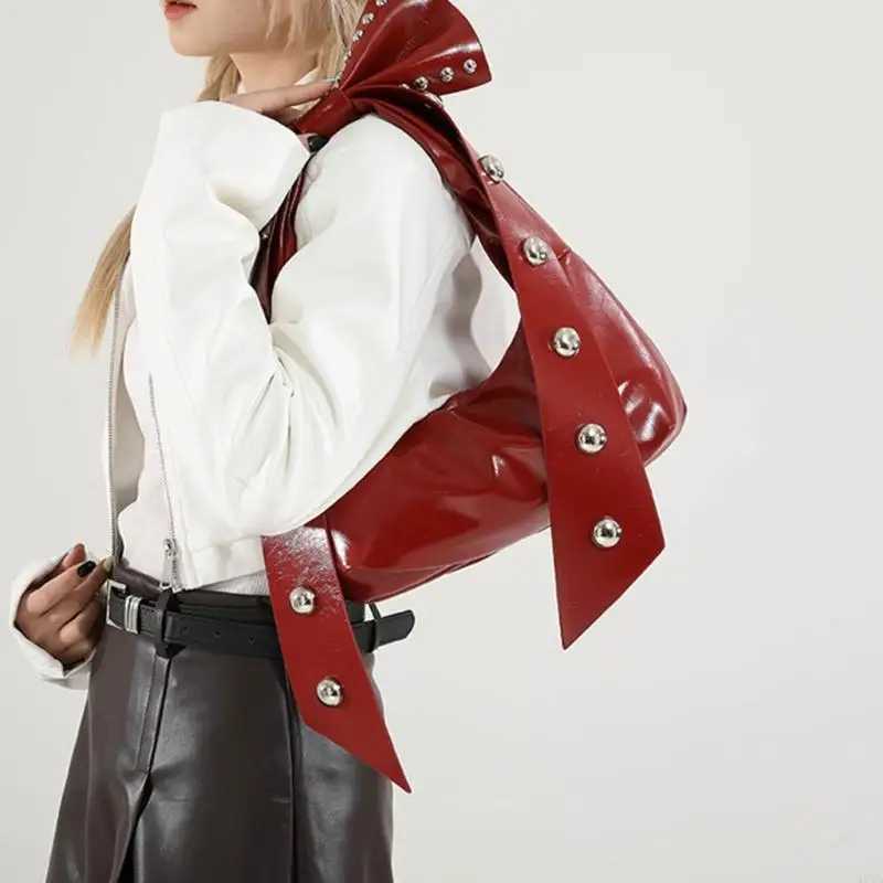 Rivet bow Y2K homeless handbag and wallet suitable for womens fashionable shoulder bag with detachable bow womens PU leather tote bag W250421