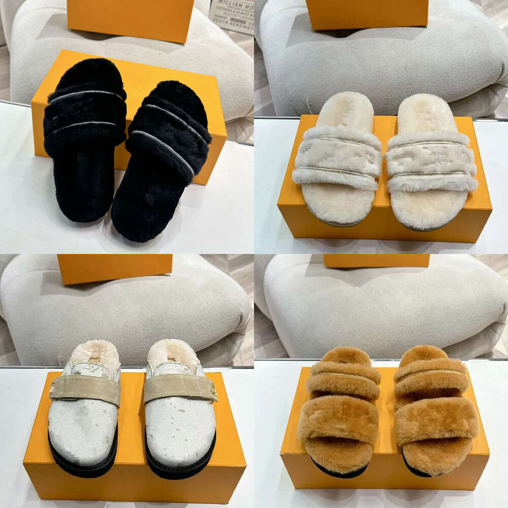 10 A Luxury mule fur slide Designer sandal Pool Pillow Flat Comfort Mules Fashion Sliders Black Beach Shoes Woman shoe Suede Shearling wool fur slipper winter slipper