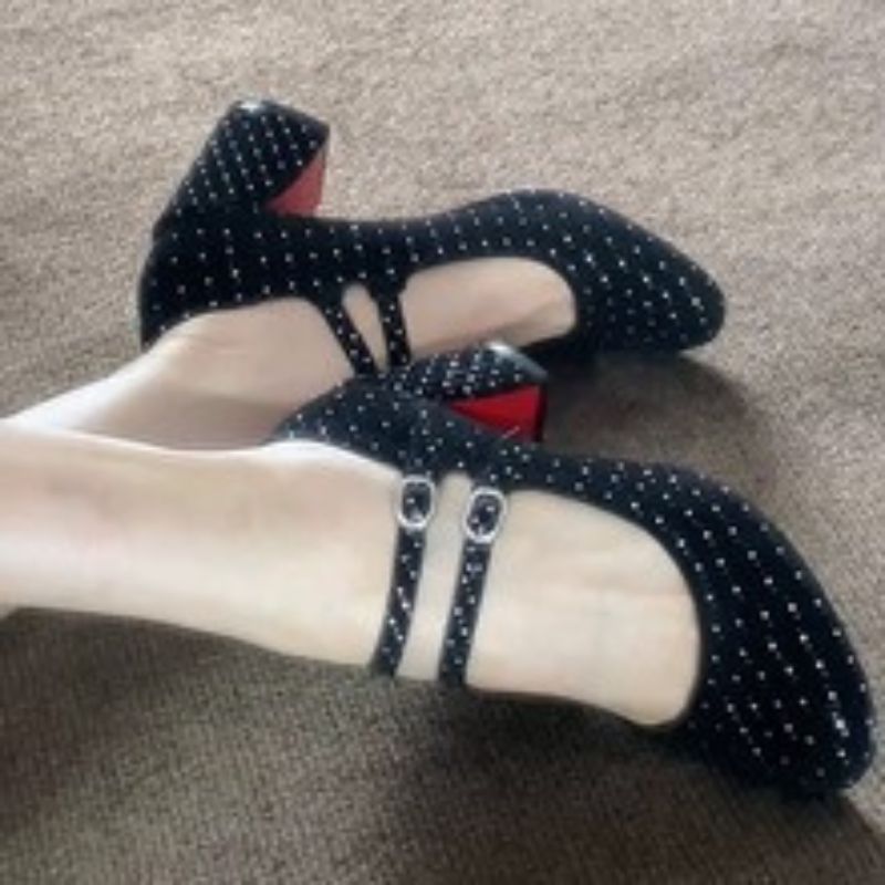 Women's Black White Dot Embellished Double Strap Mary Jane Block Heel Shoes, Party Casual Footwear---168-8