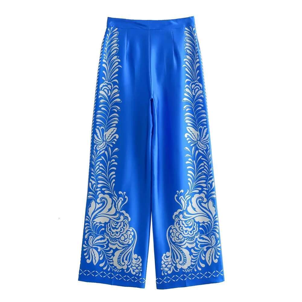 Pb&Za 2024 Spring New Women's Fashion Temperament Casual Versatile Silk Satin Texture Printed Shirt Loose Straight Leg Pants Set