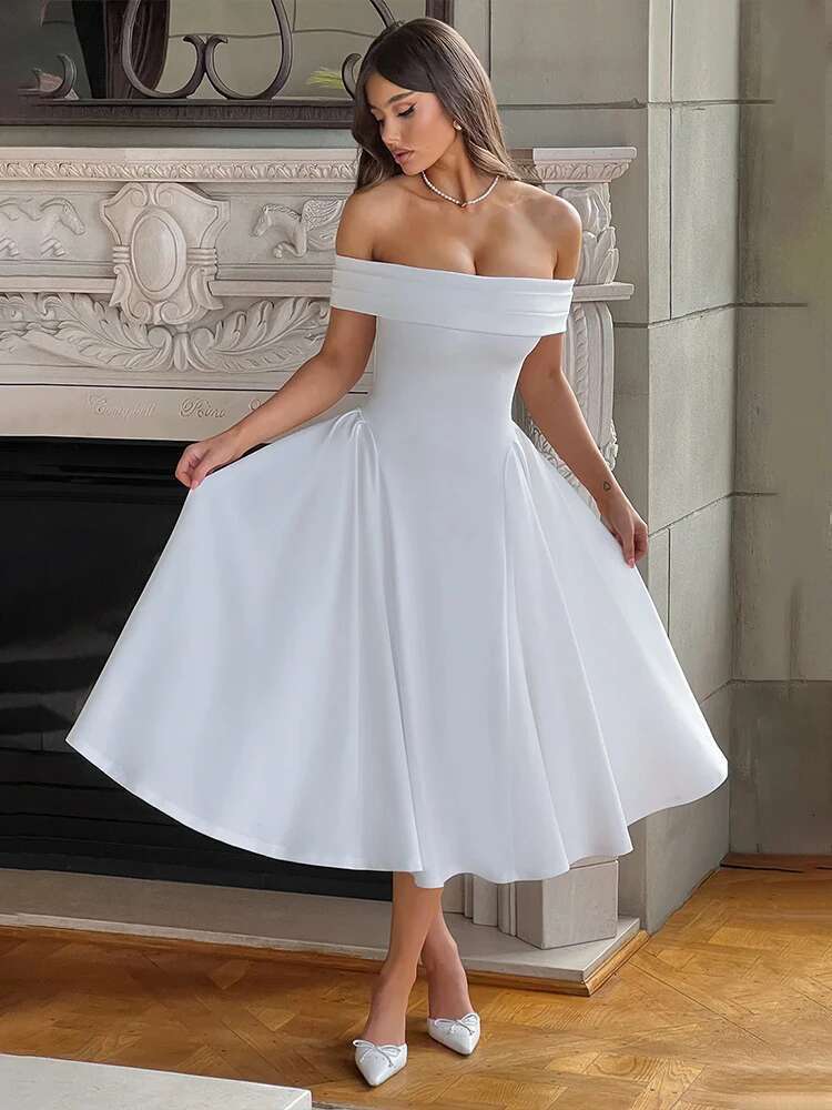 Dongdumaoyi Townlike Elegant Midi Long Waist Wrap A Line Dress Women Off Shoulder Summer Backless Nightclub Sexy Party Dresses