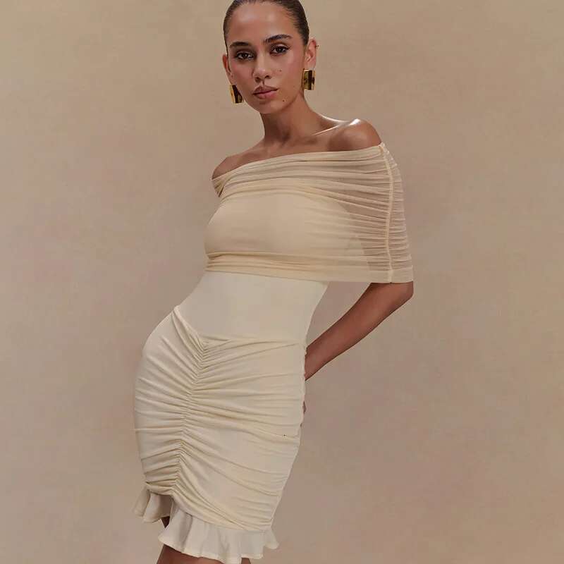 Dongdumaoyi Townlike Mesh Patchwork Slim Bodycon Pleated Dress Women Off Shoulder Mini Spring Summer Nightclub Sexy Party Dresses