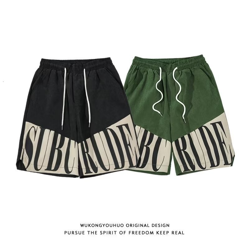 American style high street patchwork letter printed casual shorts for men's summer loose and breathable running sports capris