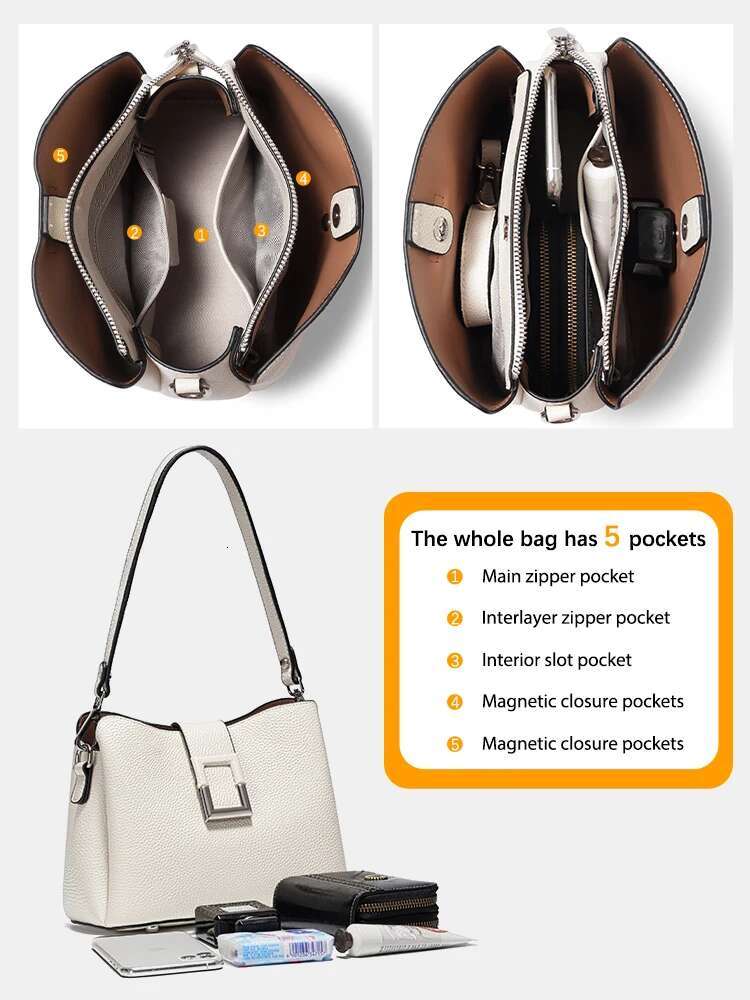 Zency Genuine Leather White Designer Noble Shopper Shoulder Commuter Large Handbag Women Tote Bucket Cross Body Bag