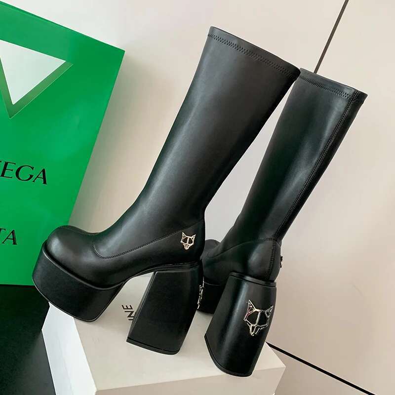 Ins Hot Spice Girl 14Cm High Heel Stretch Women Chunky Platform Punk Style Metal Decroation Designer Boots Sexy Botas Lady