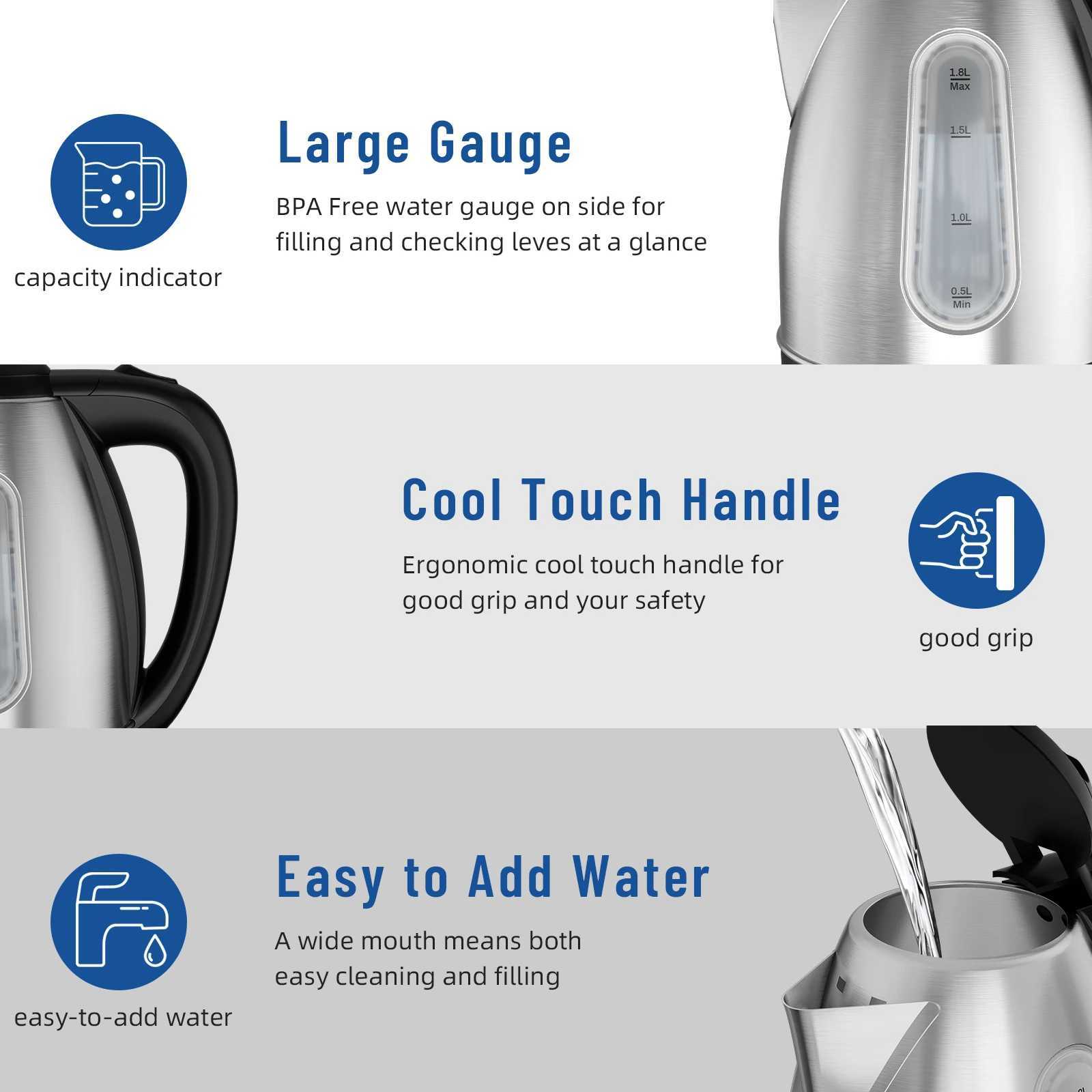Stainless Steel Electric Kettle 18 Liter Tea Kettle Electric Hot Water Kettle 1500W Fast Boil with LED Light Auto Shut-Off C251125