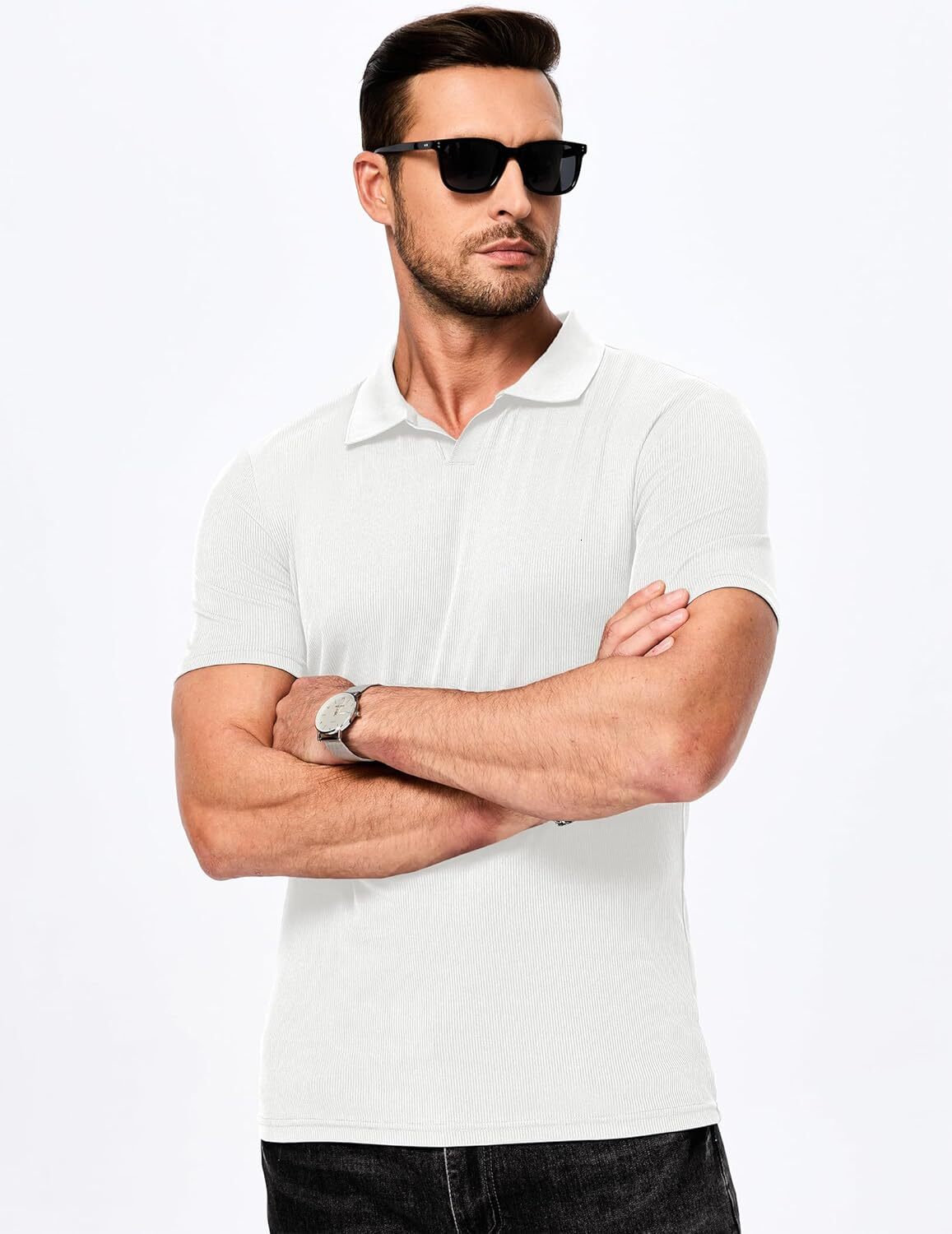 Mens Polo shirt Men's Muscle V Neck Polo Shirts Casual Short Sleeve Slim Fit Ribbed Golf T Shirt Athletic Tee