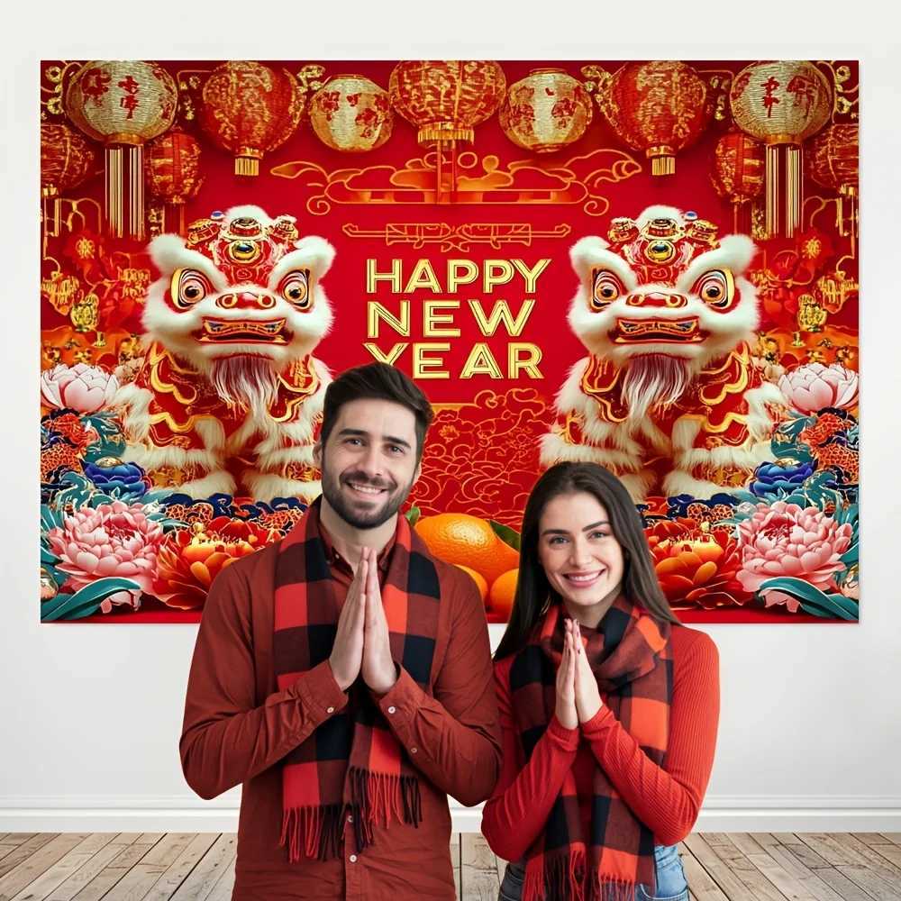 VIKAMA Chinese New Year Tapestry Double Lion Play Ball Peony Living Room Background Wall Spring Festival Party DecorationM251125