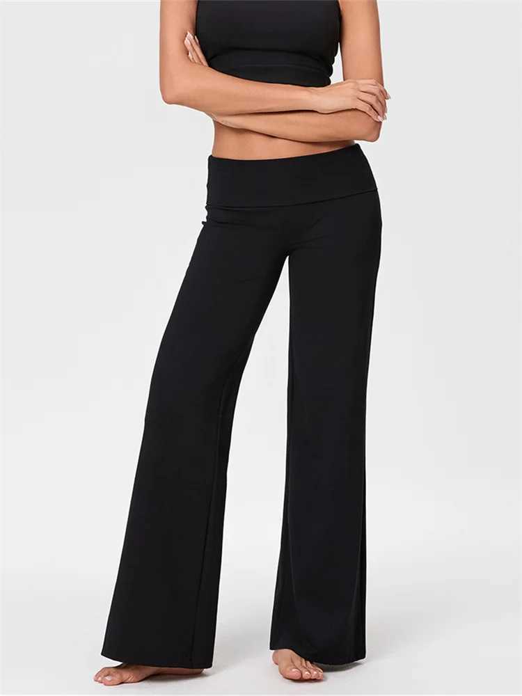 Womens casual pants with spring and autumn folding waist loose and wide leg pants solid color bagged straight pantsC250425