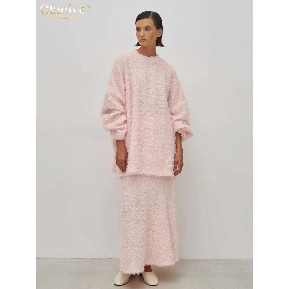 Clacive Casual Loose Pink 2 Piece Sets Women Outfit 2024 Elegant Long Sleeve Shirt With High Waist Ankle Length Skirt Set Female