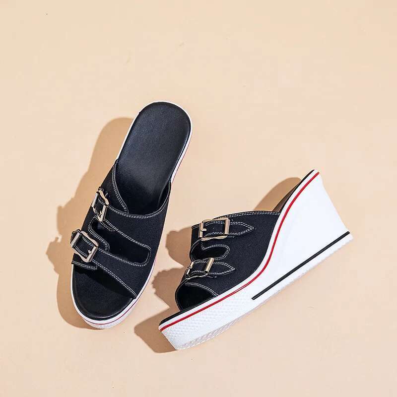 Summer new muffin thick-sole heightened wedge canvas slippers casual large-size waterproof platform high-heeled women's sandals