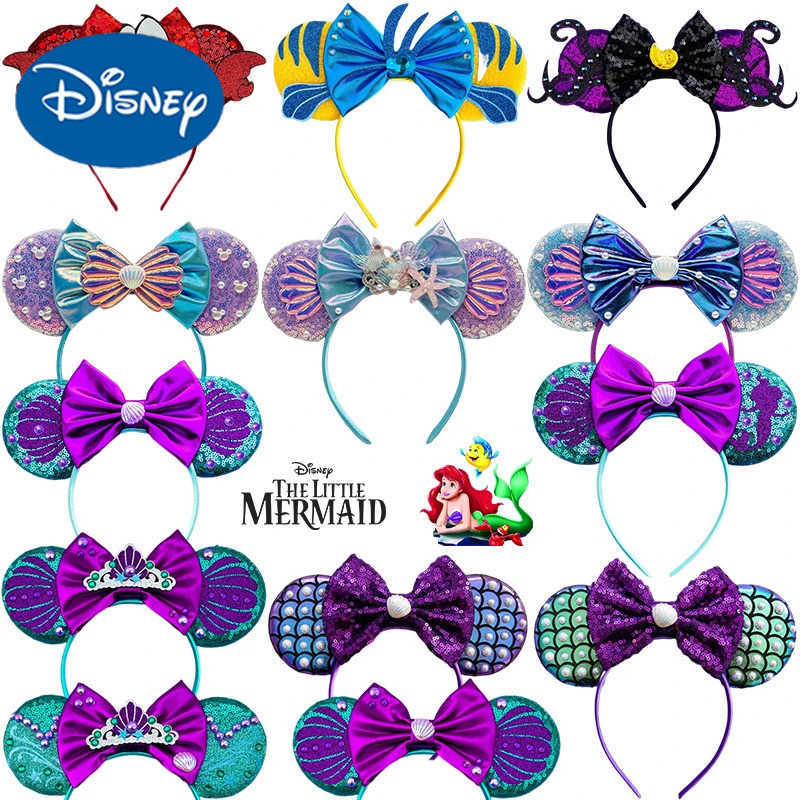 Disney Little Mermaid Ears Headband Girl Ariel Princess Hair Band Childrens Floor Bow Headband Female Sebastian Hair Accessories X250425