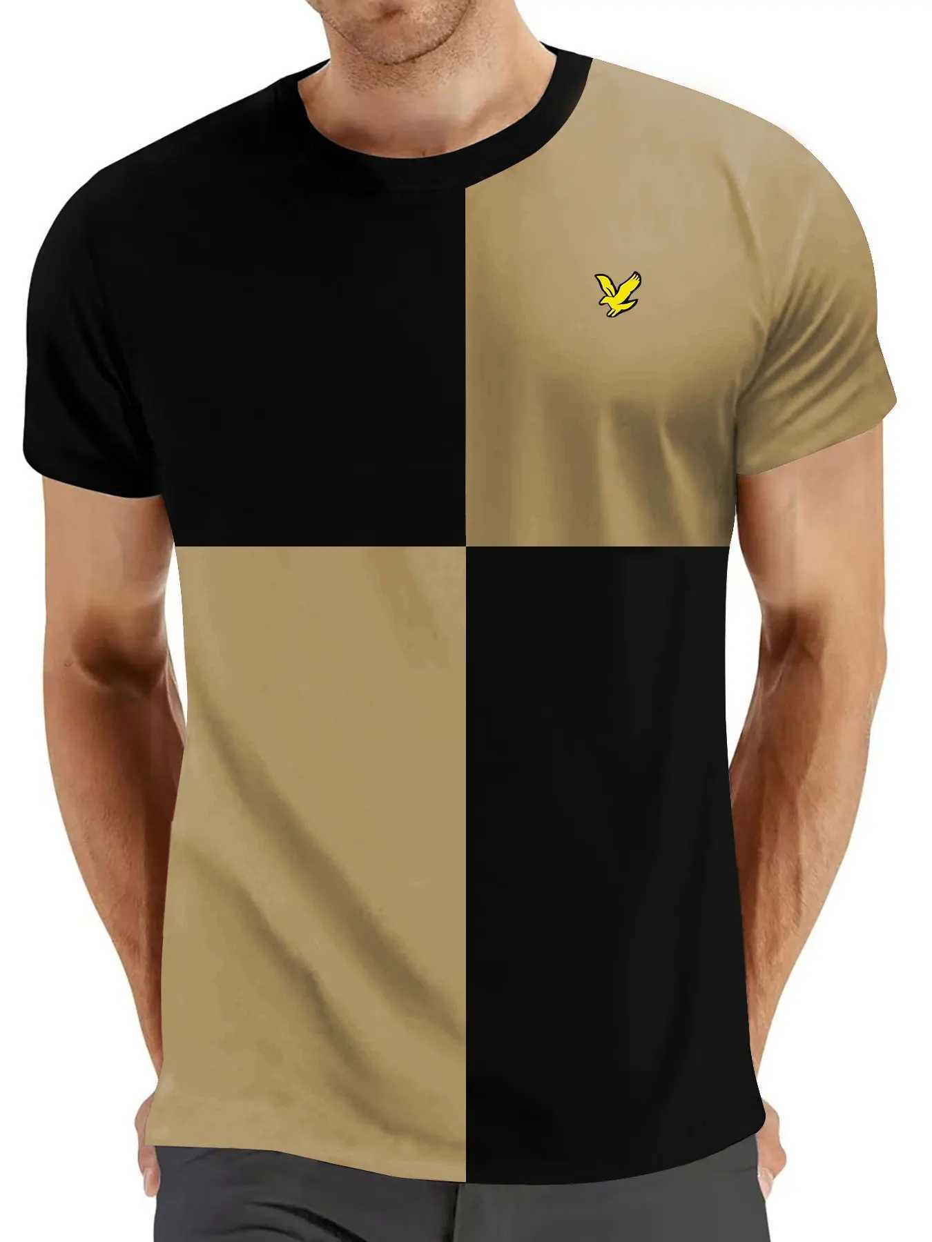 2025 Mens Leisure City Polyester SS25 T-shirt Loose Breathable Short Sleeve Round Neck Grid Large Eagle Pattern Trend W250425