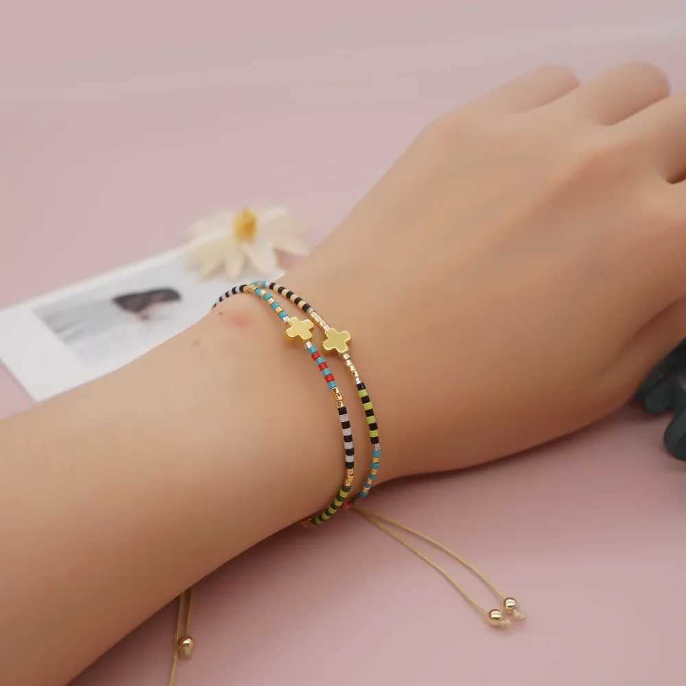 New minimalist Bohemian style Rainbow Rice Beads Handmade Beaded Cross Versatile Layered Womens Bracelet J251125