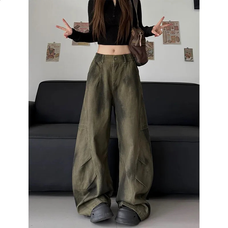 Green retro high waisted womens jeans fashion streetwear wide leg hiphop Y2K style Trouser 2025 pocket 250417
