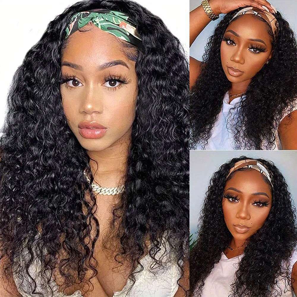 14" Jerry Curly Headband Wig - 100% Human Hair, Glueless, Natural Black, Soft Bouncy Curls, Easy Wear & Go With Stylish Headbands, Breathable Cap