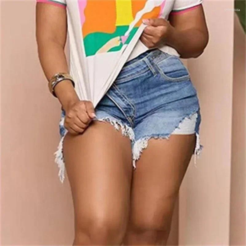 CNLONGBIDA Women's Shorts Fashion Slanted Waist Button Splicing Denim Women Summer Broken Holes Tassel Three Quarter Pants Female Casual Mini Jea