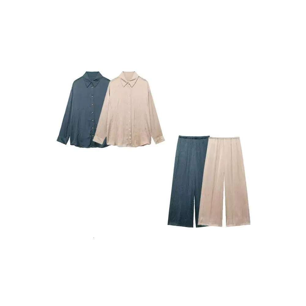 TRZA Women Fashion Creased-Effect Satin Shirts And High Elastic Waist Wide Leg Pants Female Two Piece Sets Mujer