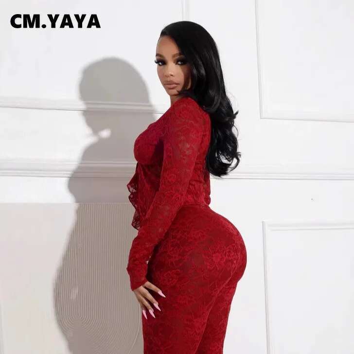 Cm.Yaya 2025 Women's Set Sleeve Lace See Through Shirt + Long Pants Street Evening Sexy Two 2Piece Sets Outfits Tracksuit