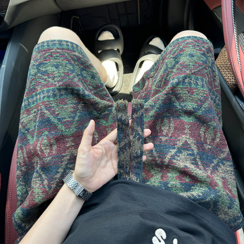 American dirty shorts, men's summer ethnic style printed over the knee five quarter pants, casual and handsome oversized shorts