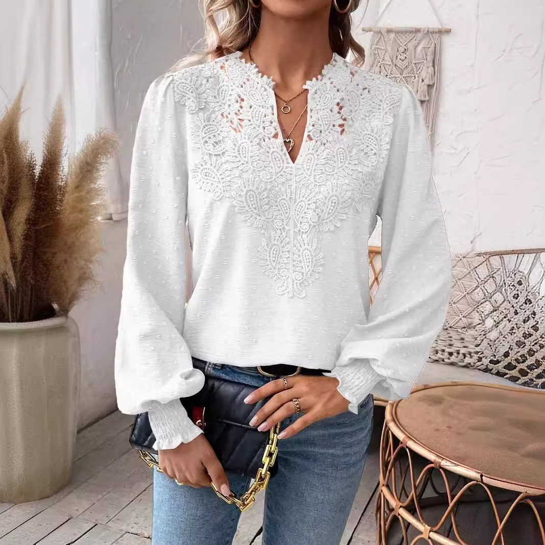 2024 Autumn V-neck Lace Splicing Solid Color Shirt Womens Shirt