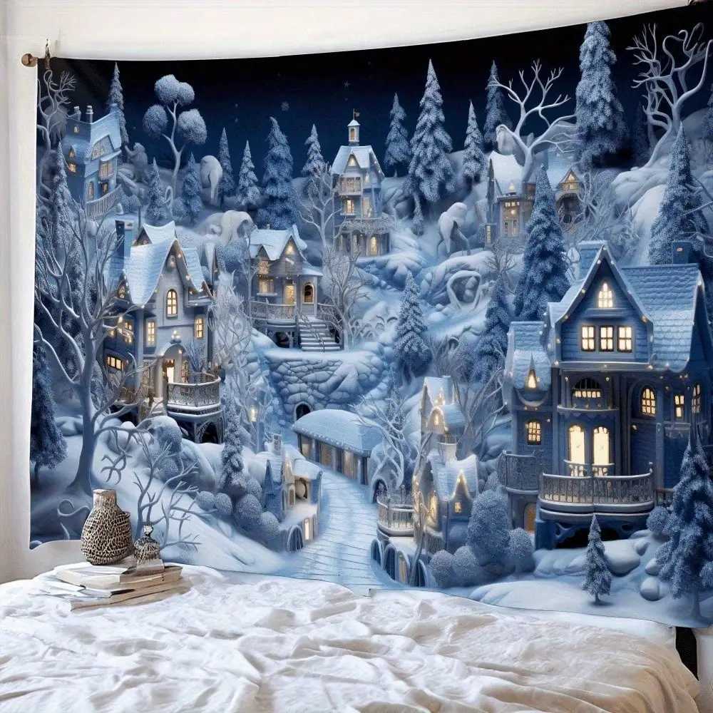 1pc Winter Tapestry Snow Village Christmas Scene Wall Hanging for Living Room Bedroom Decor Back-to-school season Autumn giftsM251125