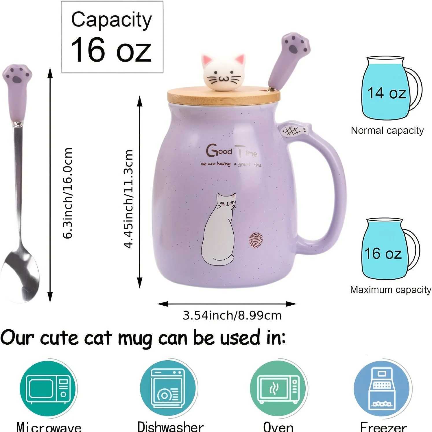 Kawaii Cat Mug 13oz Ceramic Tea Cup with Lid and Spoon Gifts for Cat Lovers and Women Birthday and Christmas Y251125