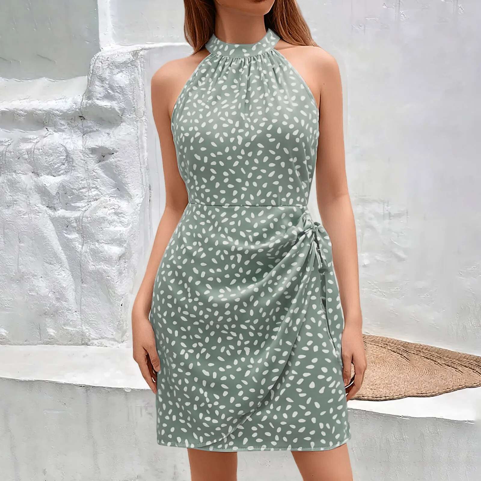 Dongdumaoyi Women S Summer Dresses Hanging Neck Sleeveless Floral Pleated Short Dress Sexy Off Shoulder Lace Up Mini Vestidos