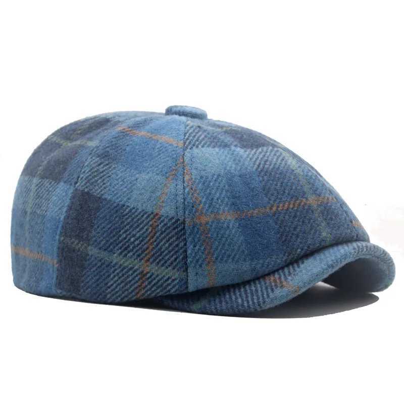 plaid beret hat autumn and winter warm blend forward hat mens and womens newsboy hat octagonal hat J251125