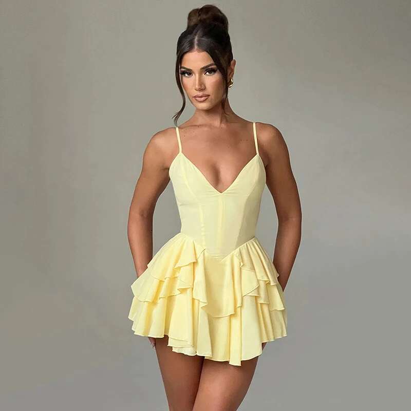 Dongdumaoyi Townlike Elegant Waist Wrap A Line Dress Women Spaghetti Strap Mini Summer V Neck Backless Sexy Party Dresses