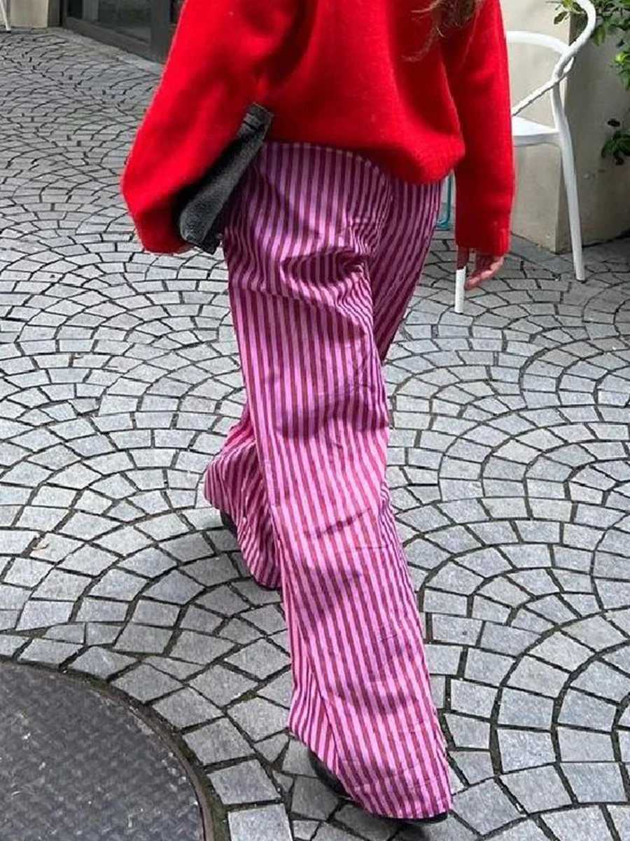 Combhasaki Womens Y2K Retro Casual Stripes/Solid Pants Button Elastic High Waist Aesthetic Loose Straight PantsC250425