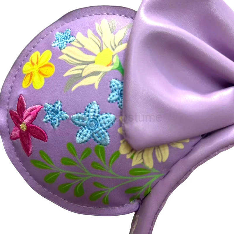 Disney PU leather Mickey Mouse ear headband Disney theme park embroidery flower light purple Minnie ear headband girls gift X250425