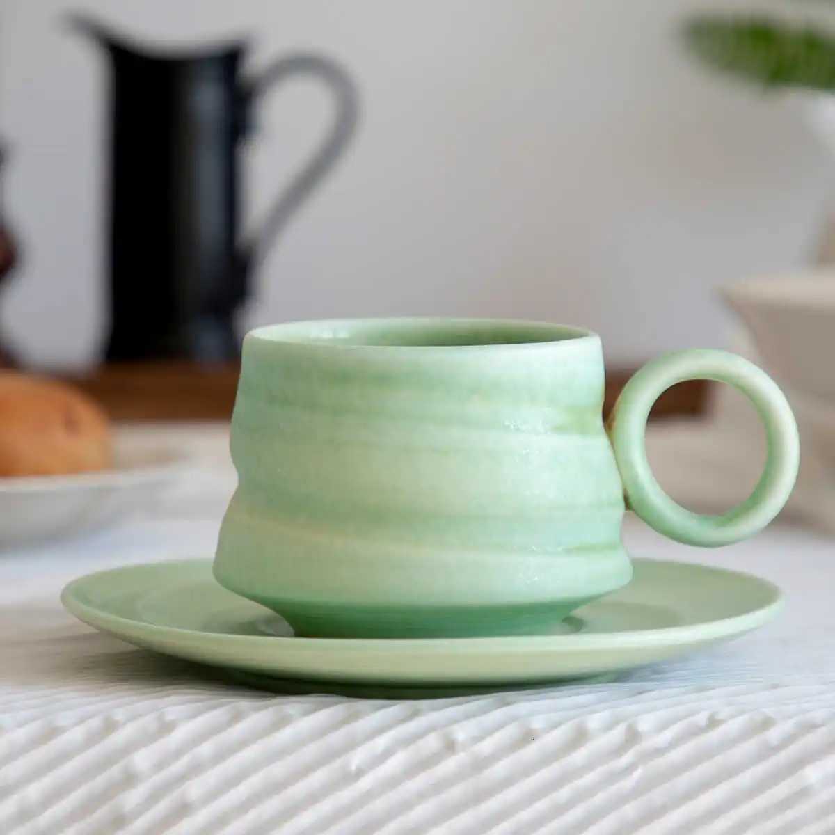 250ML Mint Green Matte Coffee Cup Plate Set Afternoon Tea Cup And Dish Sets Round Handle Water Cup Mug With Tray Y251125