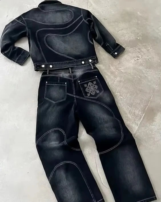 Streetwear denim jacket set Harajuku mens washed polyester jacket Gothic punk black graphic embroidery straight pants Trouser 250422