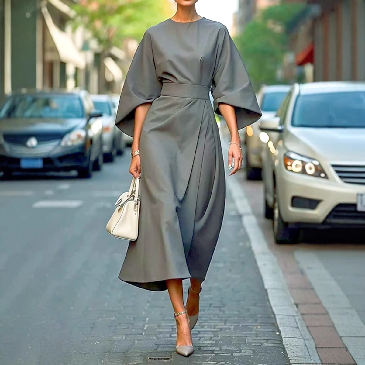 2025 Womens Fashion Elegant Solid Color Waist Dress Casual Bat Sleeve Long Dress