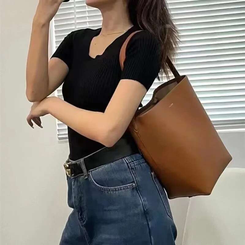 Designer Bag Bucket Medium Lychee Pattern Cowhide Large-Capacity Single Shoulder Portable Women's Bag Leather Niche Design