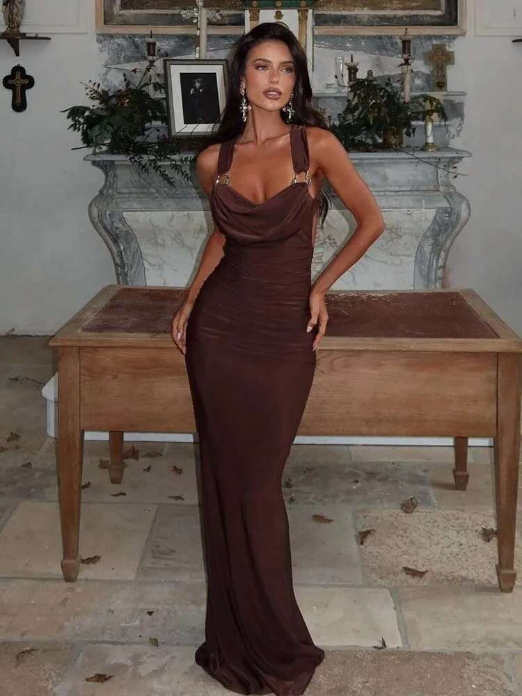 Dongdumaoyi Townlike Maxi Long Slim Bodycon Pleated Dress Women Spaghetti Strap Spring Summer Nightclub Sexy Party Dresses