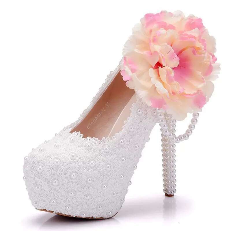 Spring round head shallow lace pearl waterproof platform wedding thin high-heeled banquet dress large size women's shoes