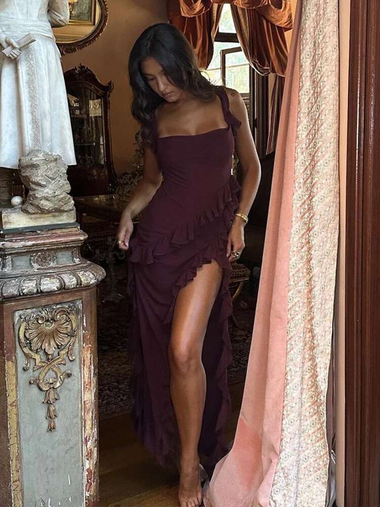 Dongdumaoyi Townlike Ruffles Elegant Long Maxi Dress Women Summer High Split Spaghetti Strap V Neck Nightclub Sexy Party Dresses