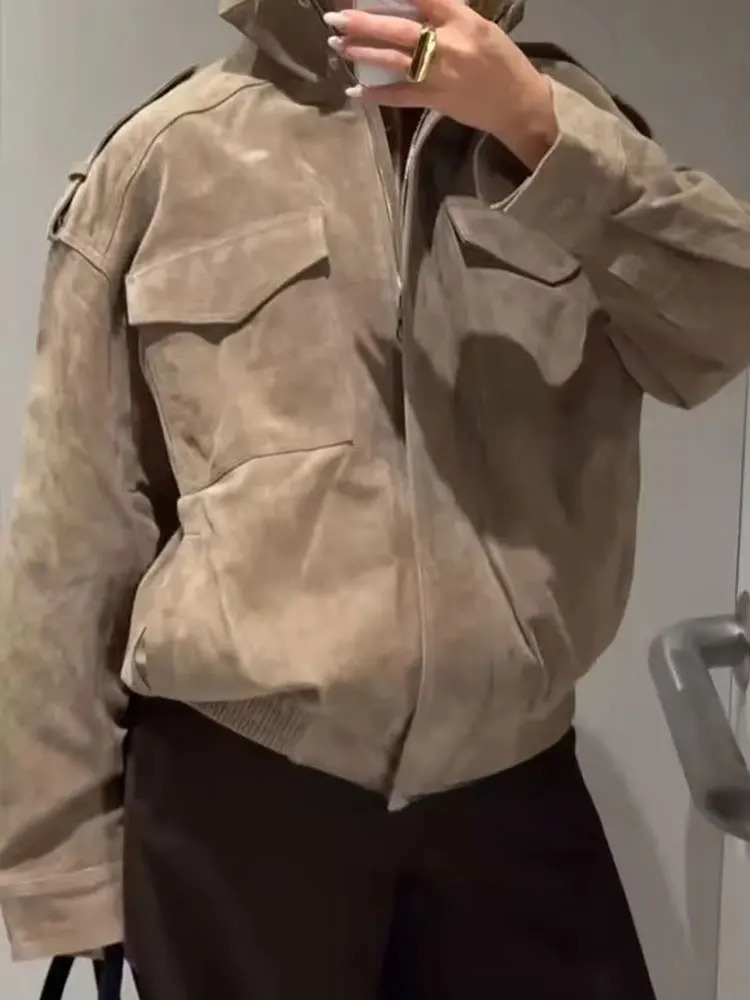 HH Retro Suede Textured Leather Jackets For Women Autumn Street Fashion Coats Solid Long Sleeves High Neck Causal Outerwear 251124