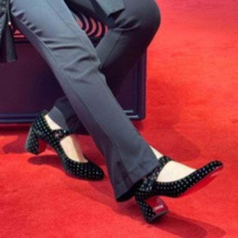 Women's Black White Dot Embellished Double Strap Mary Jane Block Heel Shoes, Party Casual Footwear---168-8