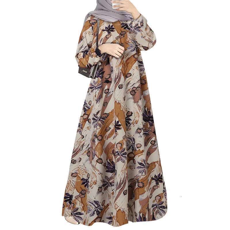 Dongdumaoyi New Style Long Robe Printed Middle Eastern Muslim Malay Full Sleeve Round Neck Dress W