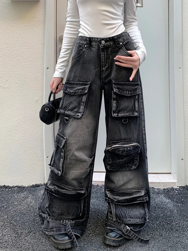 2024 Garbage Y2K Street Laundry Black Luggage Cargo Jeans Clothing Wide Leg Multi Pocket Gothic Womens Handcart 250417