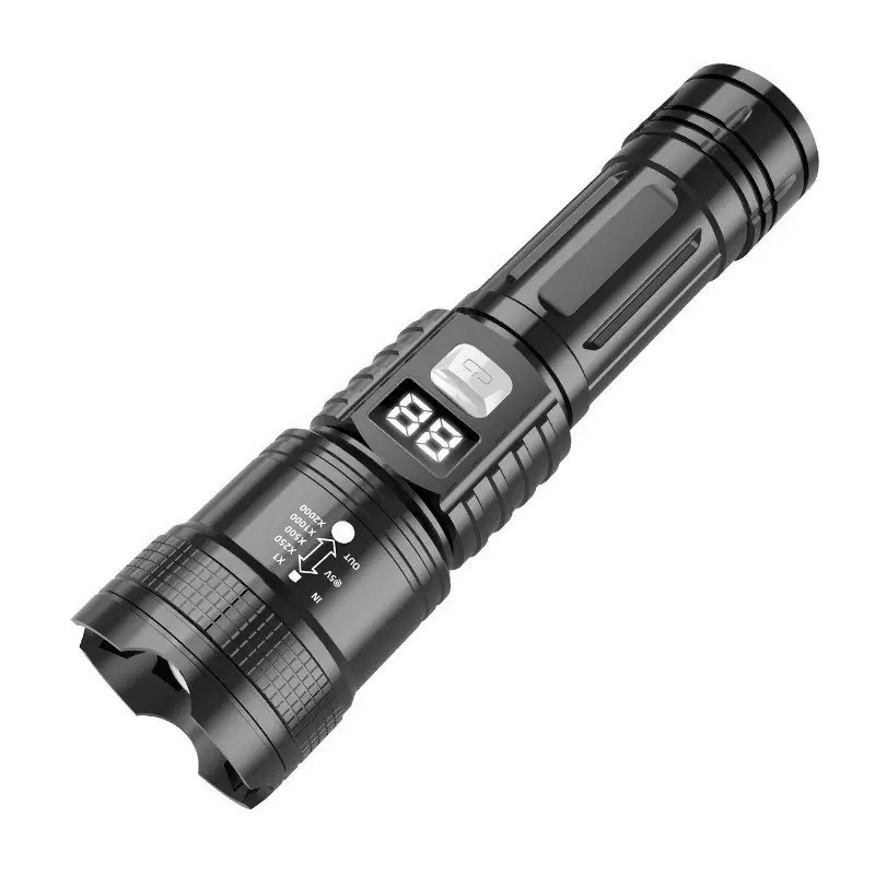 Super Bright 100000 Lumens ABS Plastic Tactical Flashlight LED Numerical Power Display 3000 Lumen Zoomable Waterproof Torch Emergency Light Flash Ligh