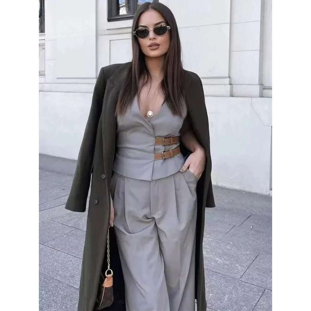 ZABA Women's Fashion With Belt Hanging Neck Halter V-Neck Top + Casual High-Waisted Pleated Suit Pants Two-Piece Set
