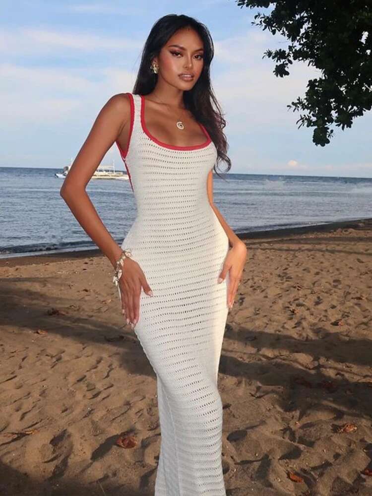 Dongdumaoyi Townlike Knitted Slim Bodycon Maxi Long Dress Women Spaghetti Strap Summer Hollow Out Backless Sexy Party Dresses