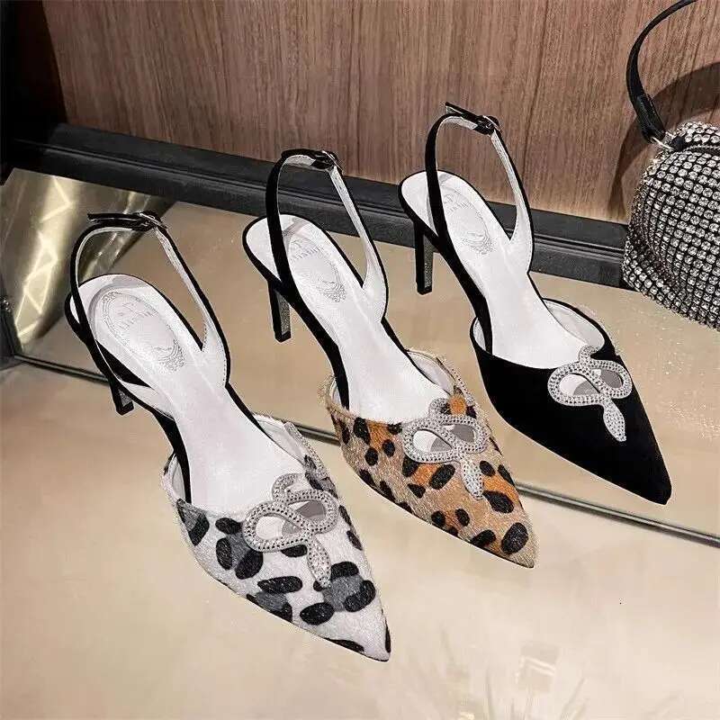 Spring and summer pointed plush snake-shaped rhinestone shoes thin high-heeled banquet dress large small size women sandals