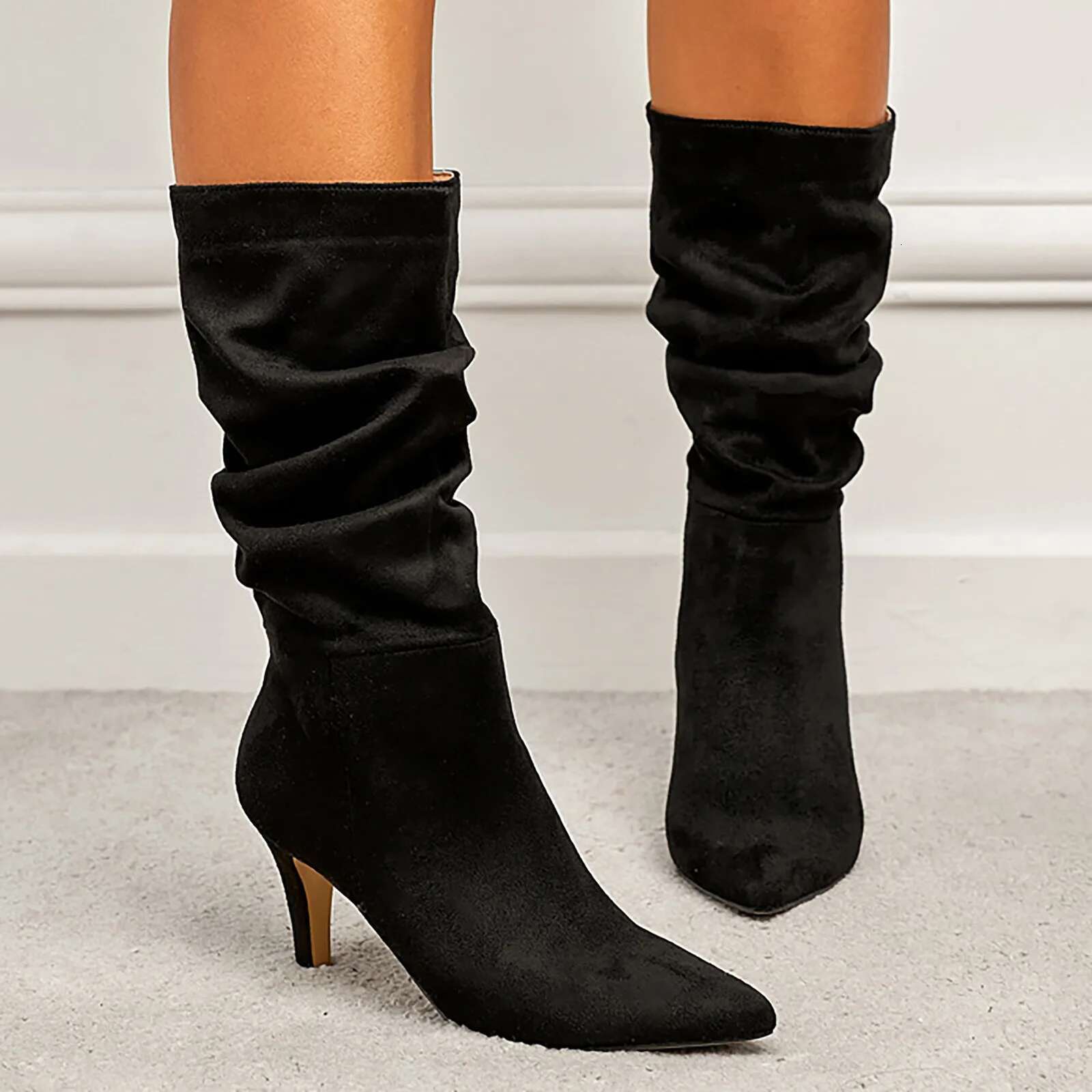 2023 Fall High Suede Mid Heeled Sexy Pointed Toe Fashion Women's Over The Knee Wide Calf Boots Veet Wrinkles Booties