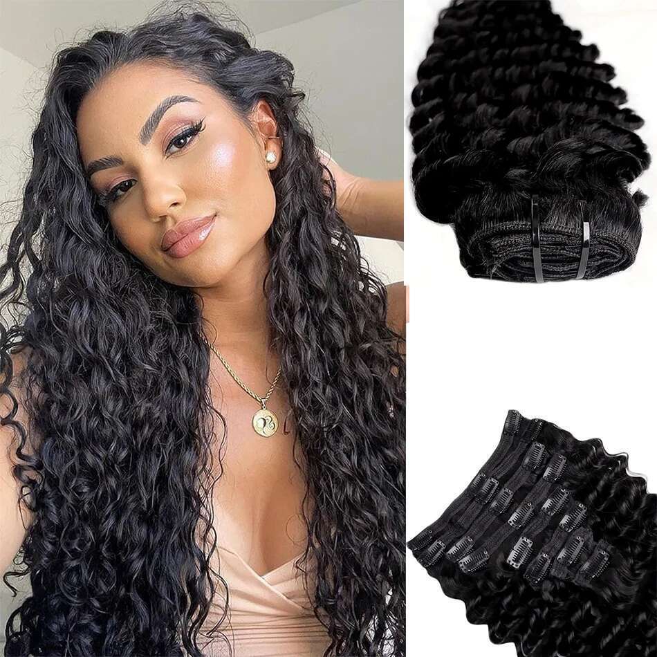 Deep Wave Clip Ins Human Extensions For Women 8Pcs Cuticle Aligned Real Hair Curly Thick To Ends With 120G/Set 18 Clips