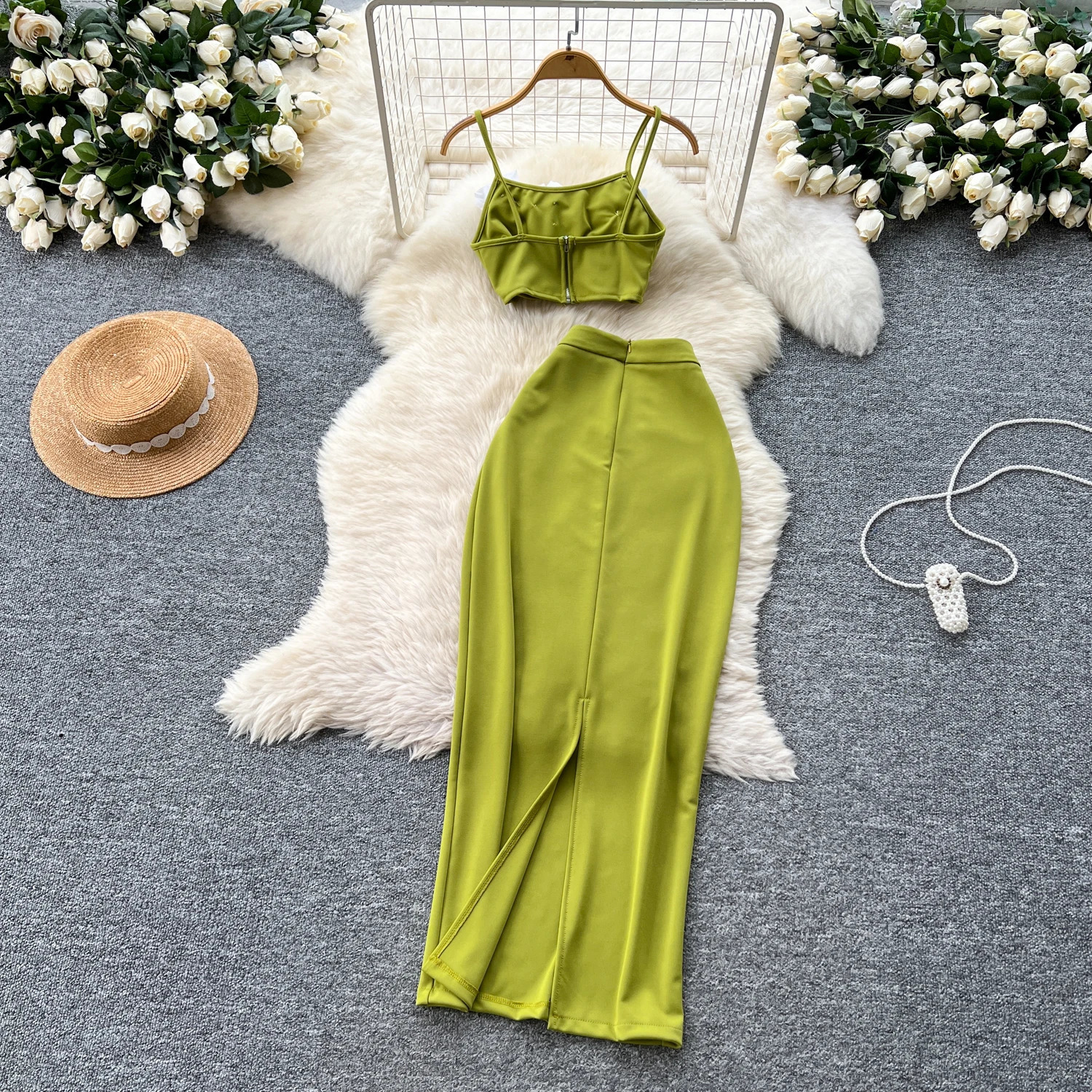 Fashionable and elegant sleeveless 3D sweetheart beach vacation party womens summer pencil skirt two-piece set 250422